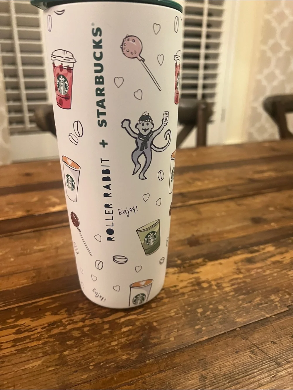 NEW Roller Rabbit Starbucks White Tumbler with lid, straw and monkey pattern